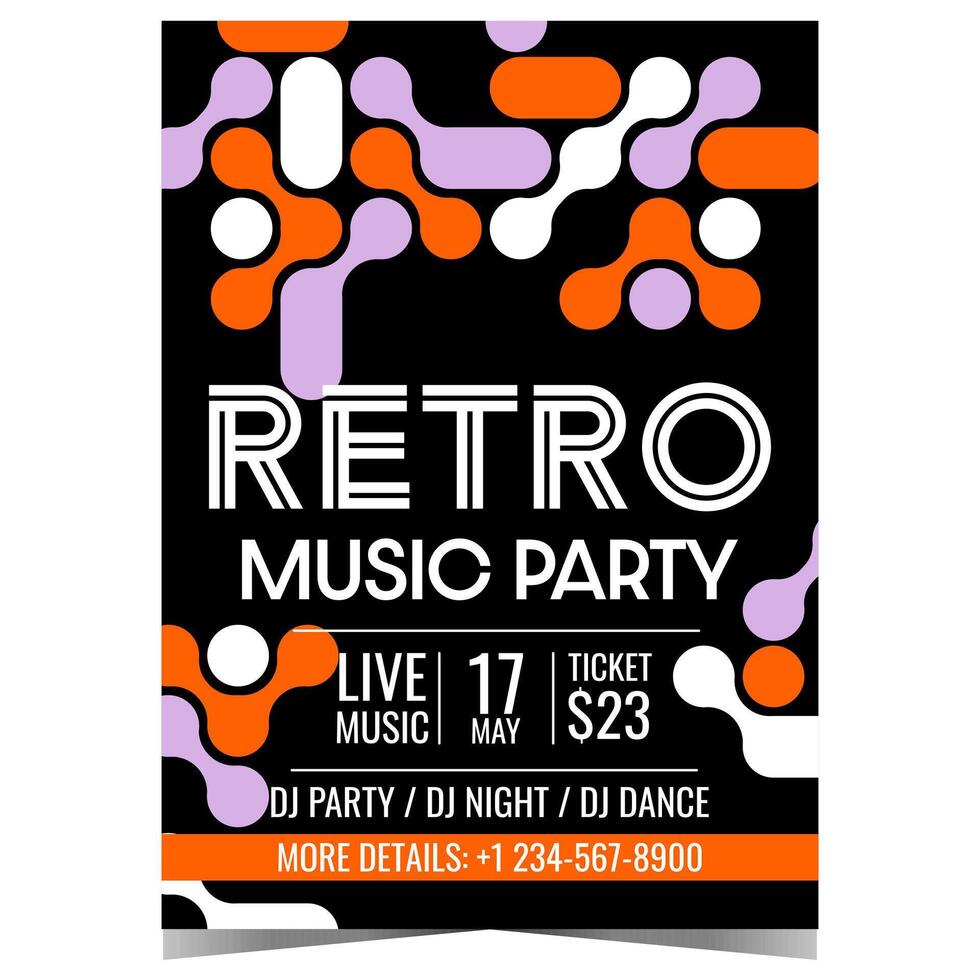 Music party invitation in old retro style with abstract elements on a black background. Vector leaflet, flyer, poster or banner for a disco dance show or entertainment event at night club.