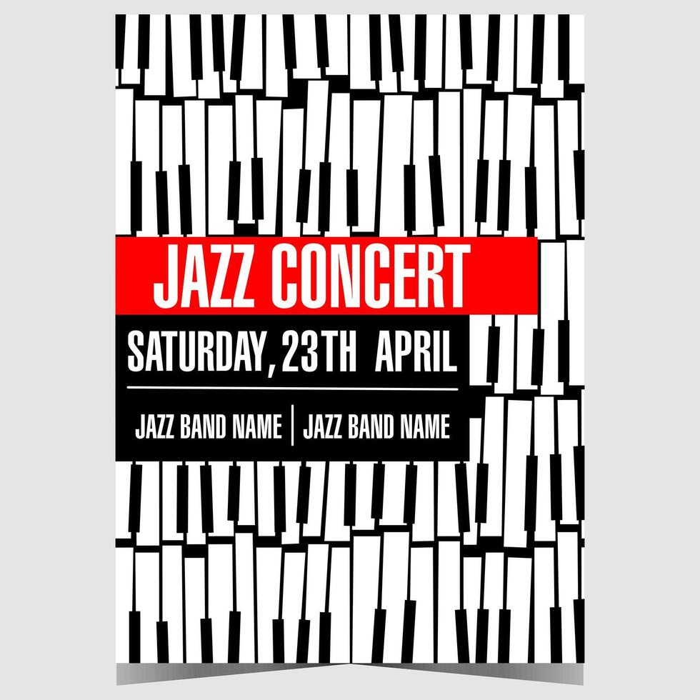 Jazz concert poster or banner template. Vector booklet, leaflet or invitation flyer with piano keys on the background suitable for live music show, festival or instrumental performance event.