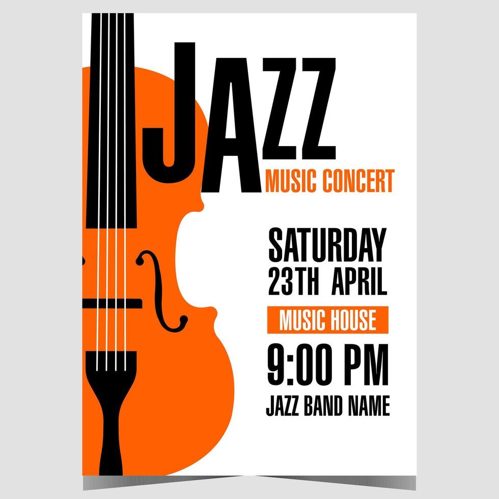 Jazz music concert invitation template with cello on white background. Vector poster, banner or flyer suitable for live music show, festival, instrumental performance or entertainment event.