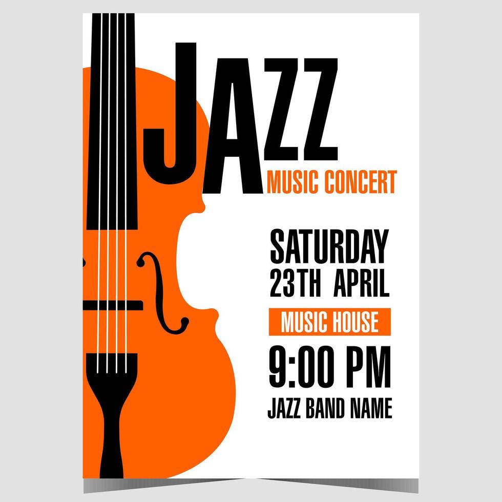 Jazz music concert invitation template with cello on white background. Vector poster, banner or flyer suitable for live music show, festival, instrumental performance or entertainment event.