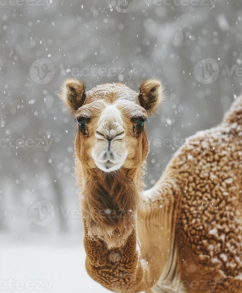 AI generated Arabian Camel Standing Majestically in the Snow photo