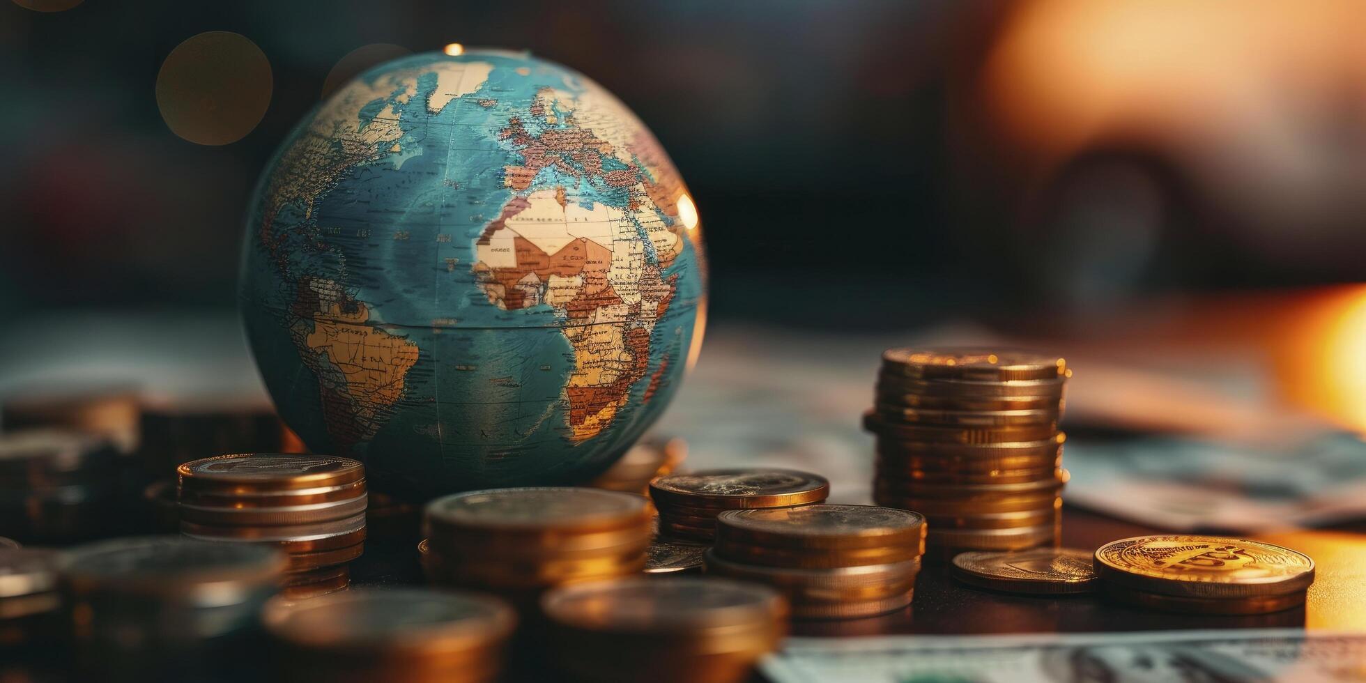 AI generated Globe and Coin Stack, Symbolizing Money Makes the World Go Round photo