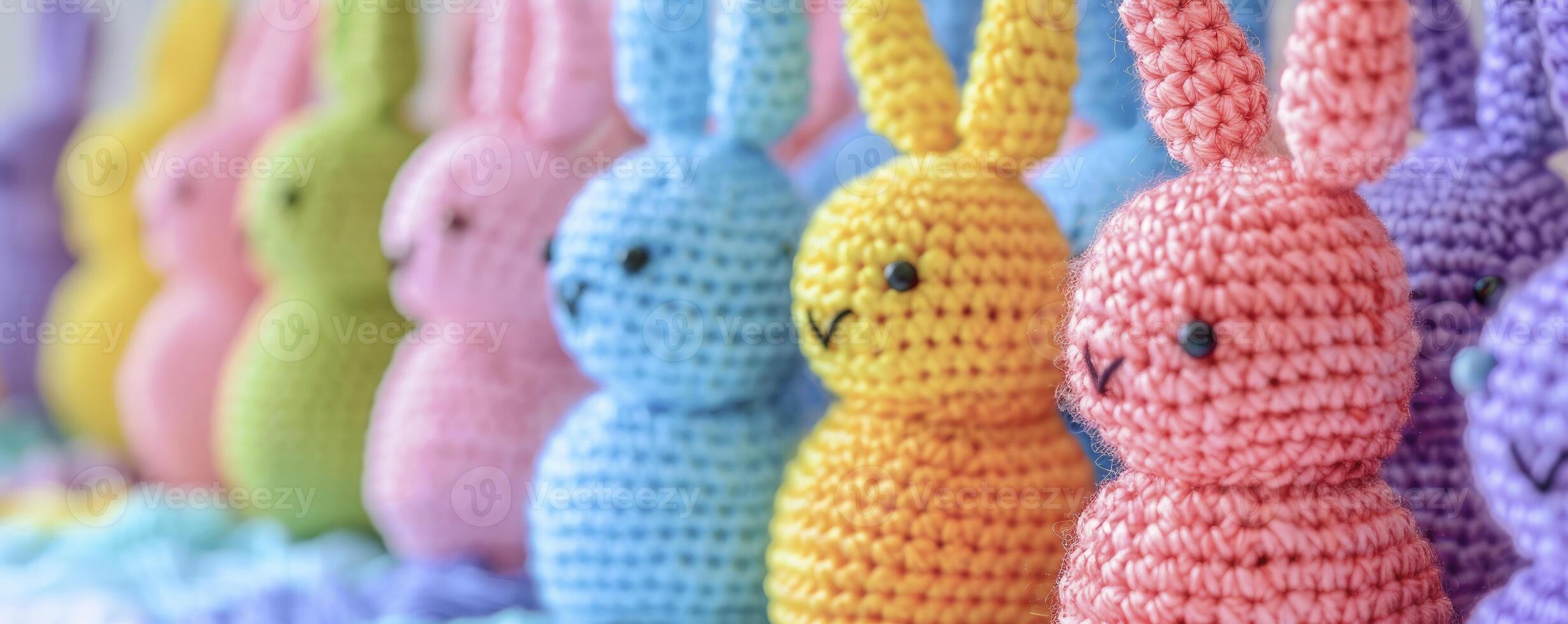 AI generated Easter Delight. Rows of Crocheted Rabbits, Creating a Charming Decoration for the Easter Festival. photo