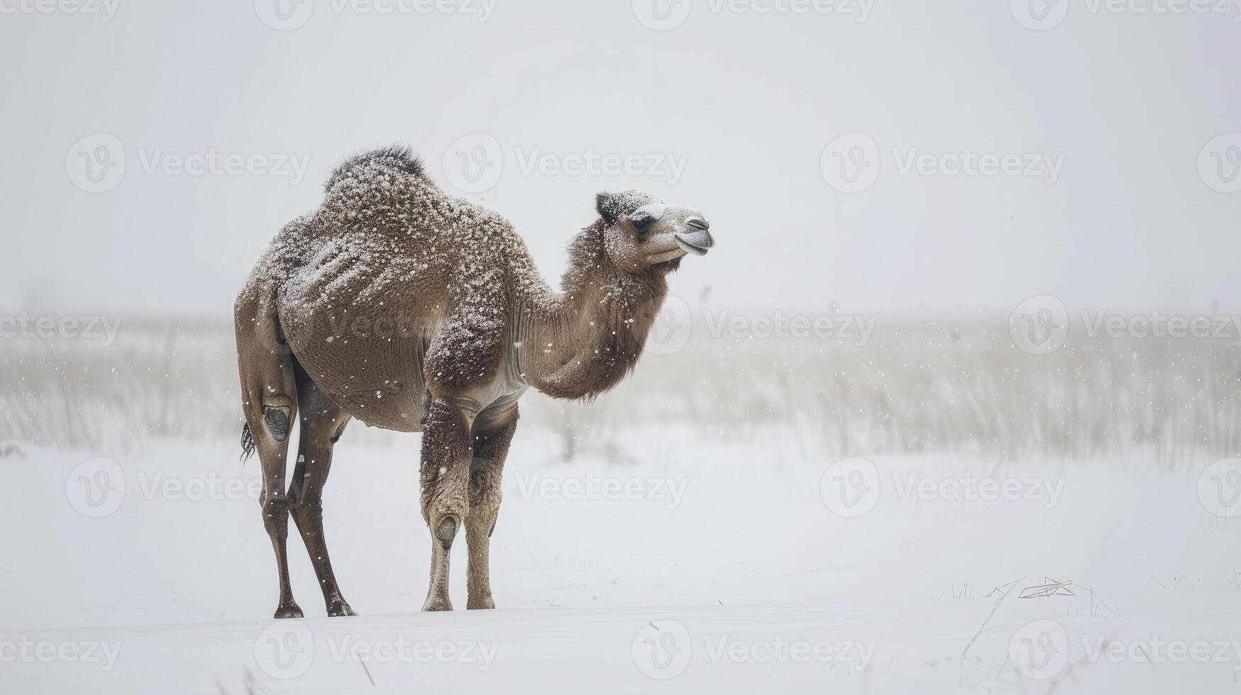 AI generated Arabian Camel Standing Majestically in the Snow photo