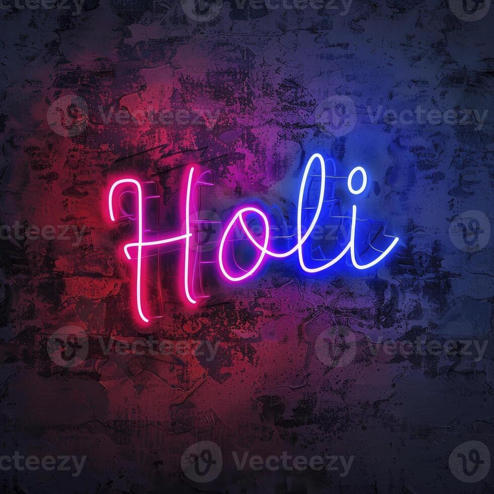 AI generated Colorful neon text Holi, Happy Holi day concept photo