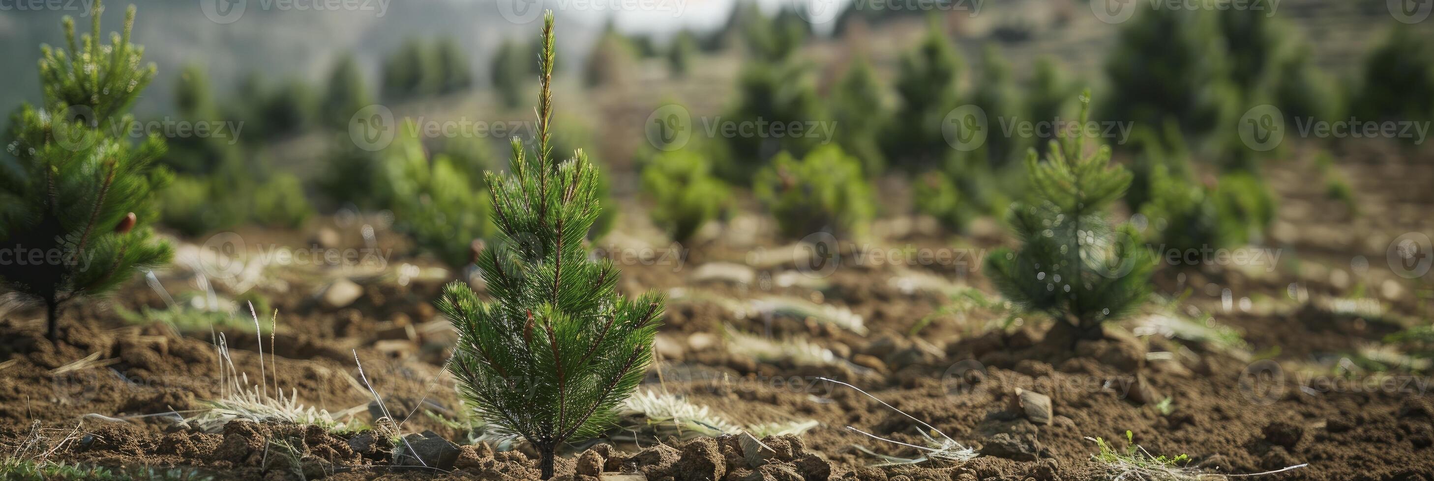 AI generated Rejuvenating Nature Canopy, Planting Conifer Trees in the Open Expanse of a Mountainous Landscape photo