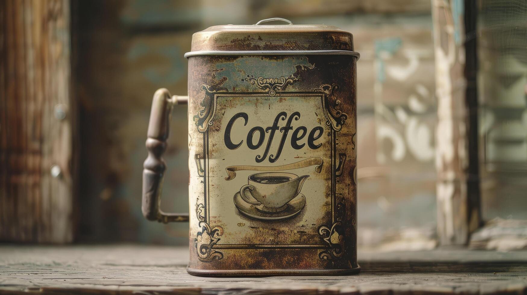 AI generated Vintage Charm, Classic Tea Antique Tin Repurposed with the Text Coffee photo