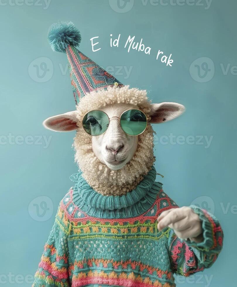 AI generated Eid concept sheep wearing a party hat and sunglasses, with the text Eid Mubarak photo