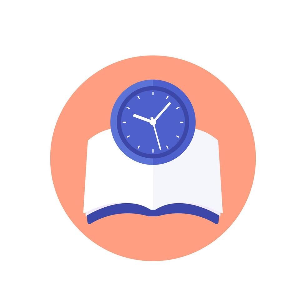 leyendo hora icono con un libro, plano vector