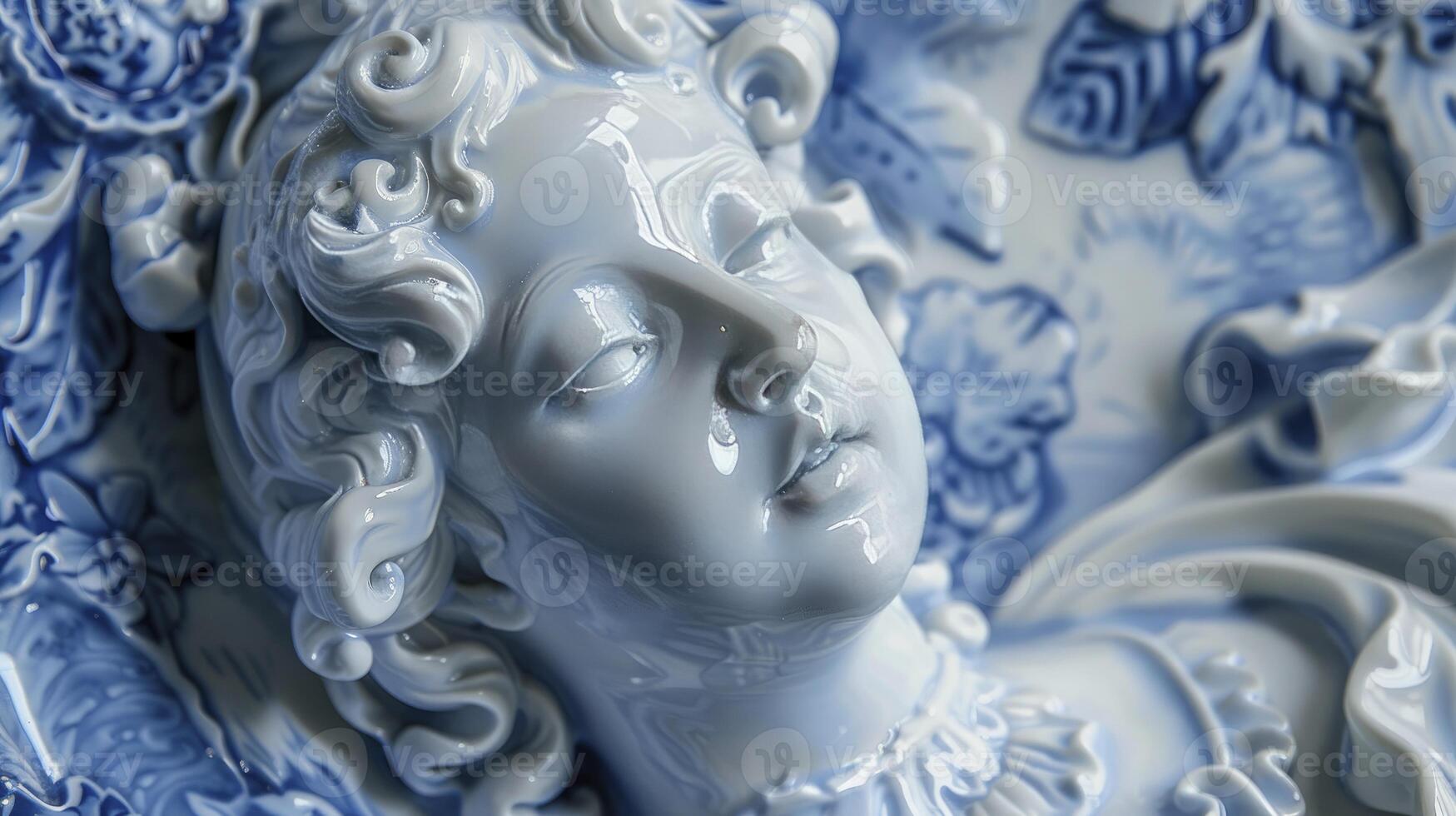 AI generated Baroque Elegance. Sculpted Female Figure Adorned with Surface Blue and White Porcelain Patterns, Exuding Timeless Beauty and Grace. photo