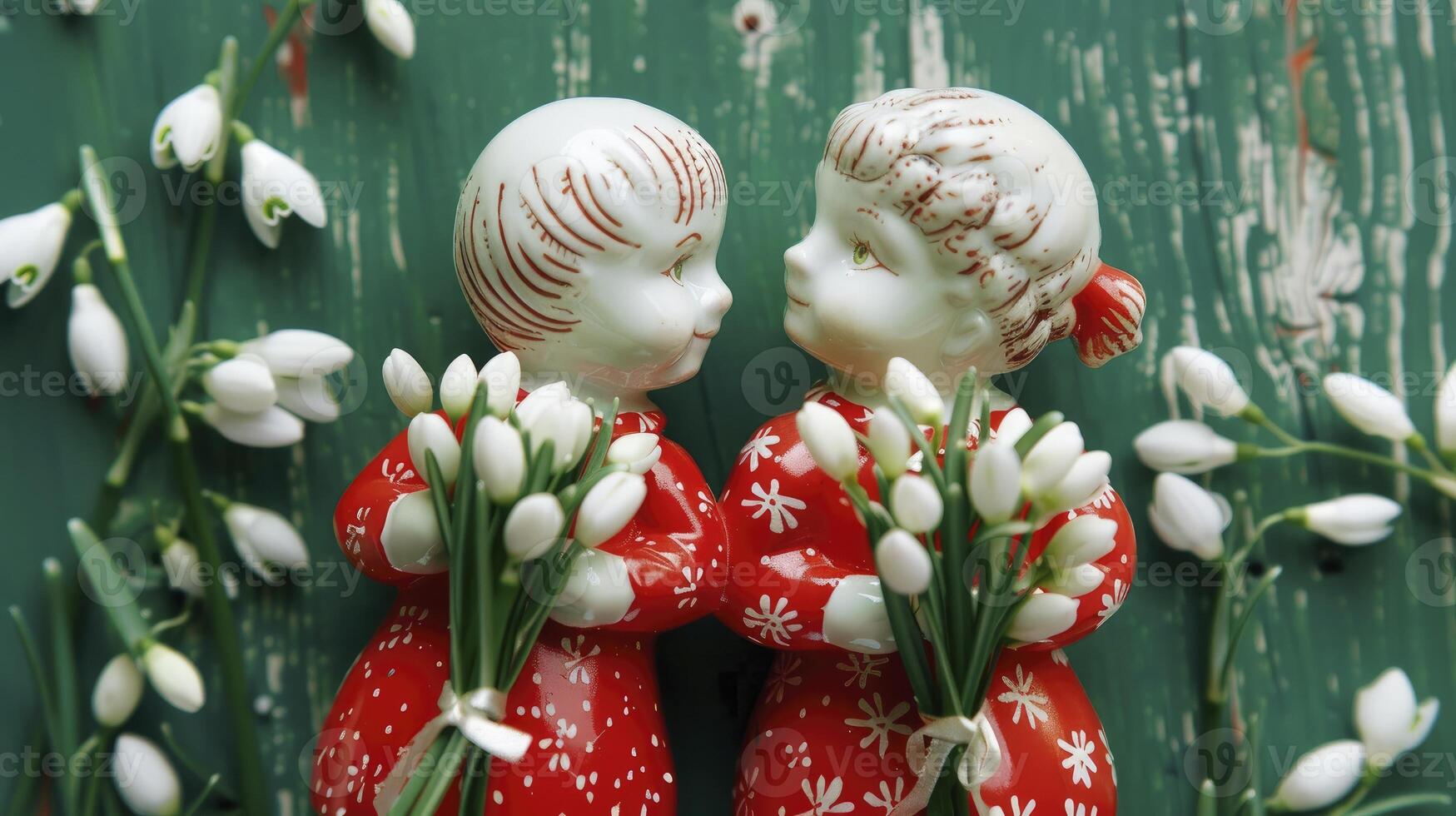 ai generado un chico y un niña participación ramos de flores de campanilla de febrero flores, abrazando el martenitsa tradicion en marzo 1er. foto