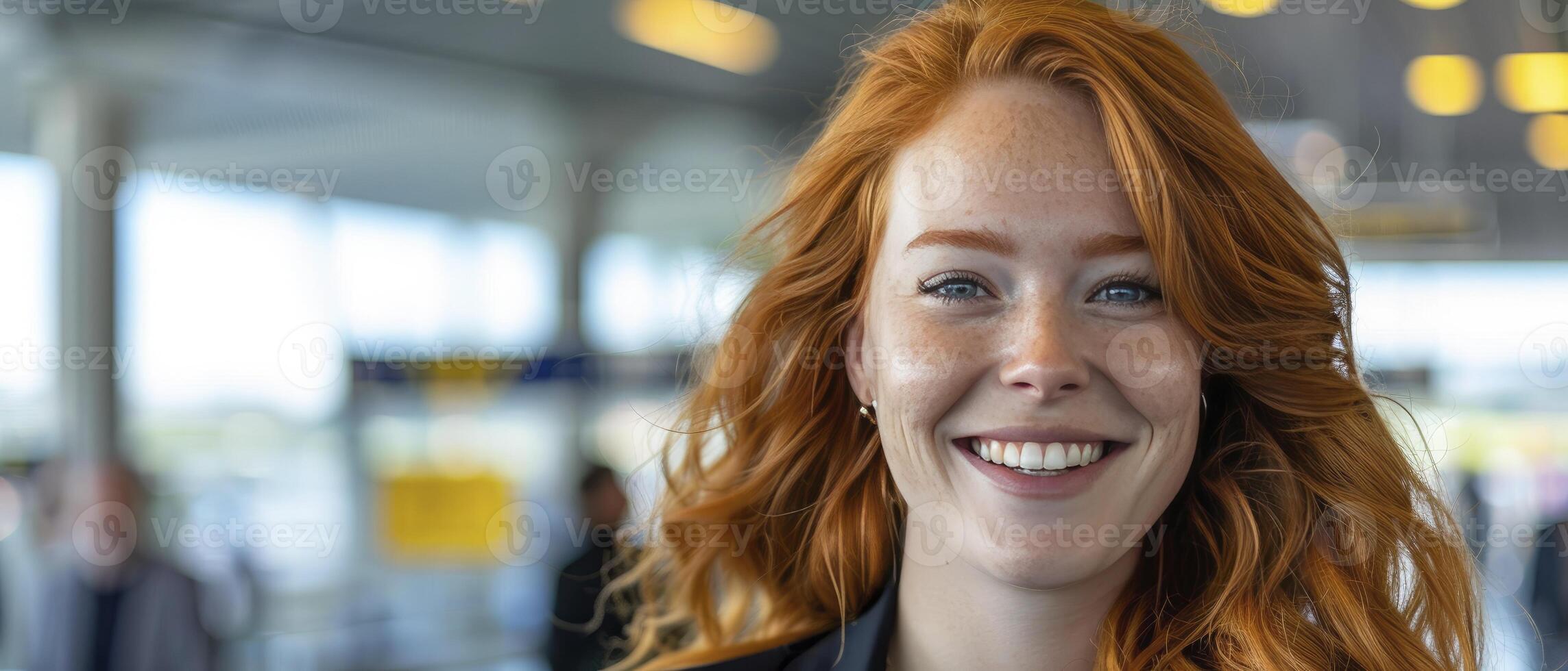 AI generated Airport Chic. A Young Woman, Red-Haired Supermodel, Radiates Style and Confidence in a Sleek Black Suit, Navigating the Bustle of the Airport. photo