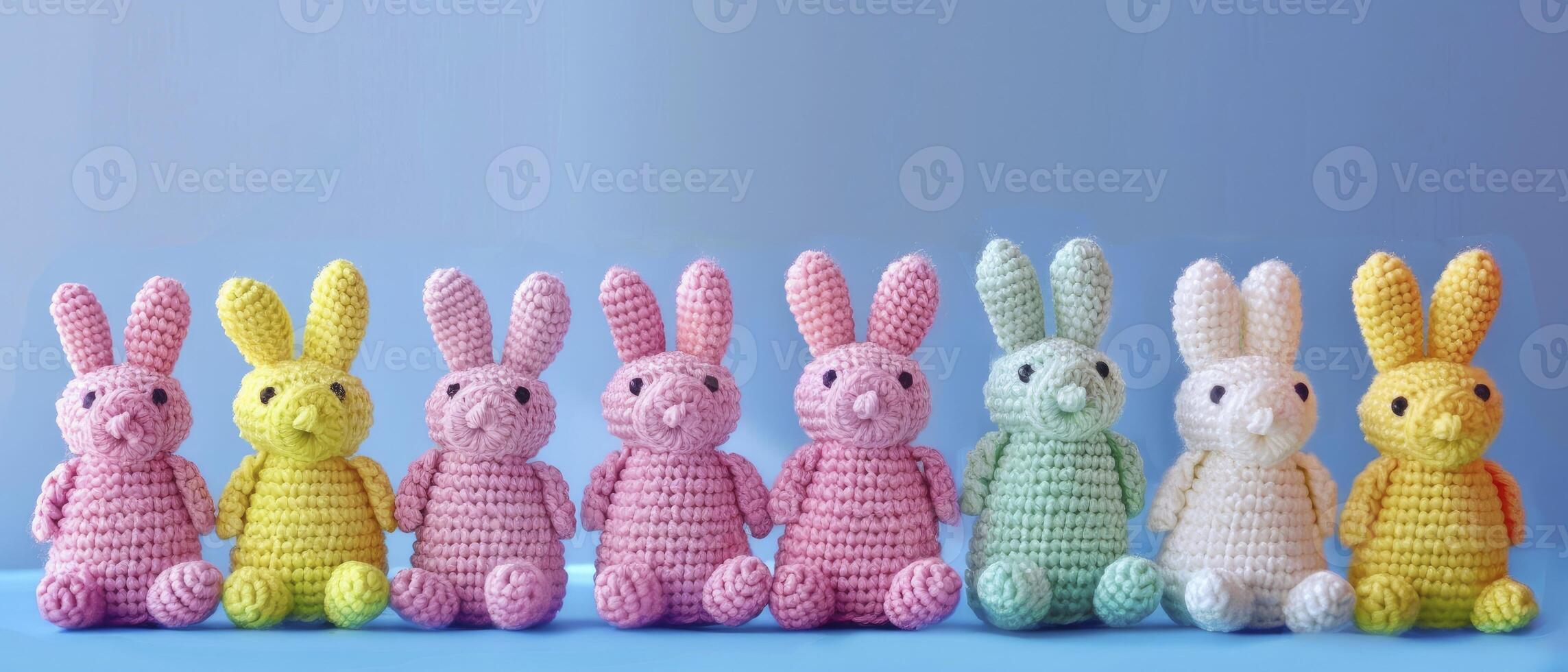 AI generated Easter Delight. Rows of Crocheted Rabbits, Creating a Charming Decoration for the Easter Festival. photo