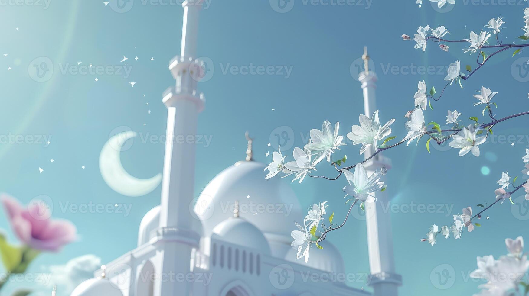 AI generated Mosque and moon with flowers against blue background photo