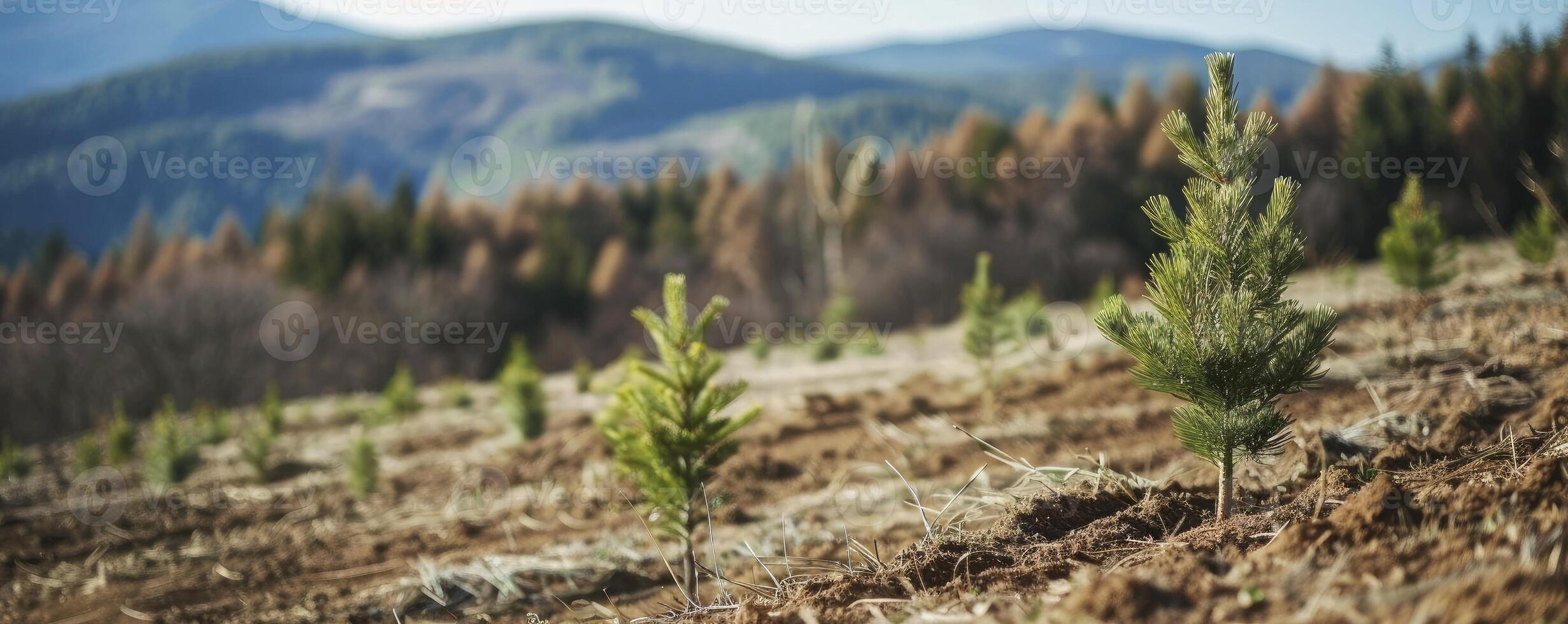 AI generated Rejuvenating Nature Canopy, Planting Conifer Trees in the Open Expanse of a Mountainous Landscape photo