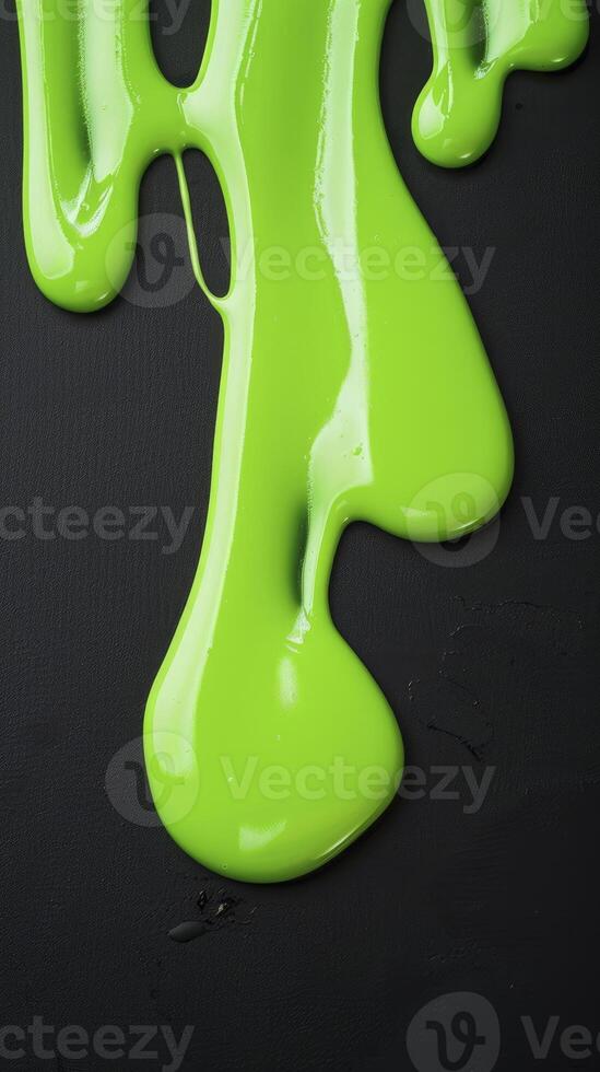 AI generated Viscous Green Fluid. Flowing Vertically in Smooth, Wavy Drips on a Black Surface photo