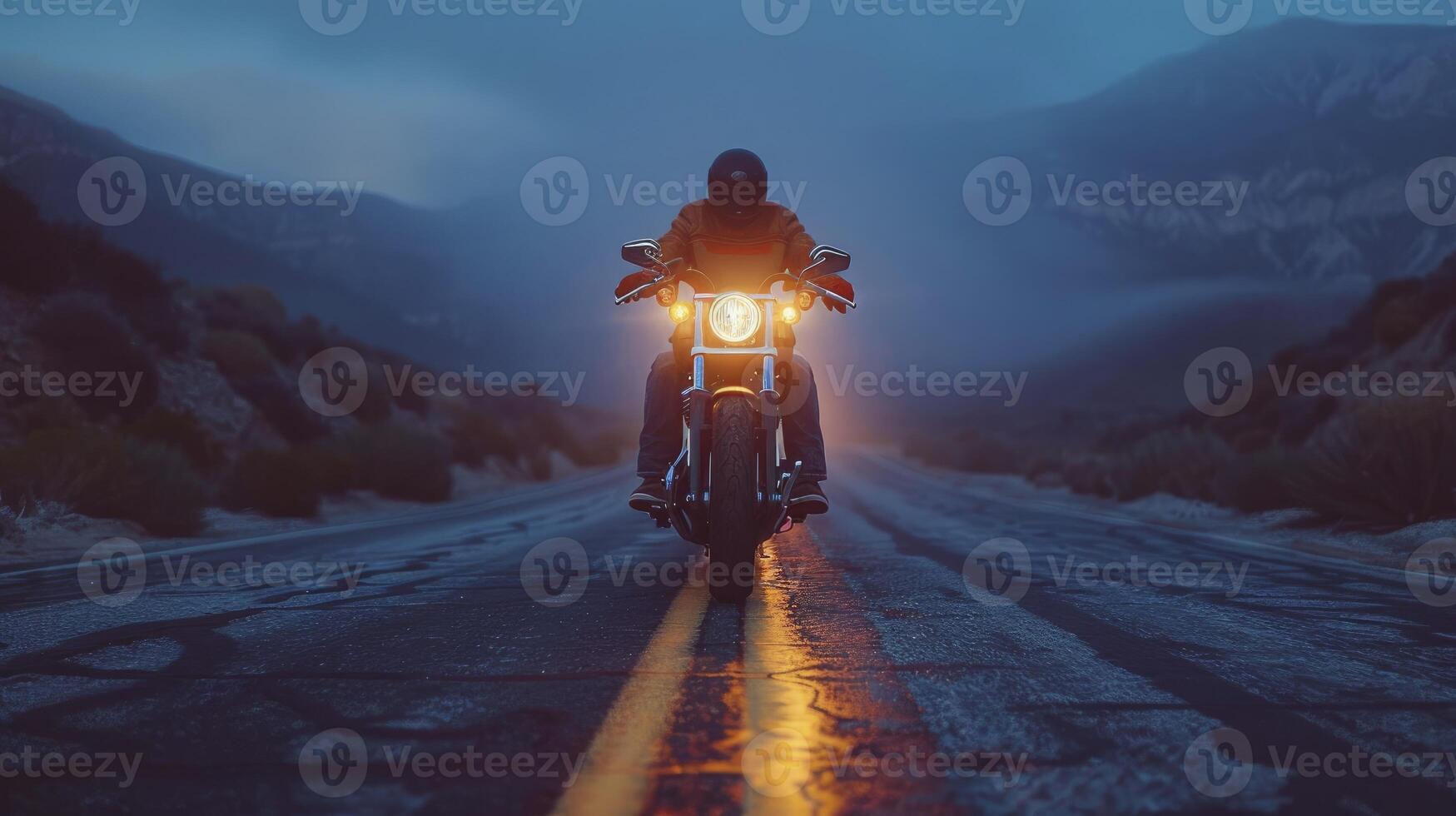 ai generado noche jinete. motocicleta crucero en el devanado montaña la carretera debajo el iluminado por las estrellas cielo, evocando un sentido de aventuras y libertad. foto