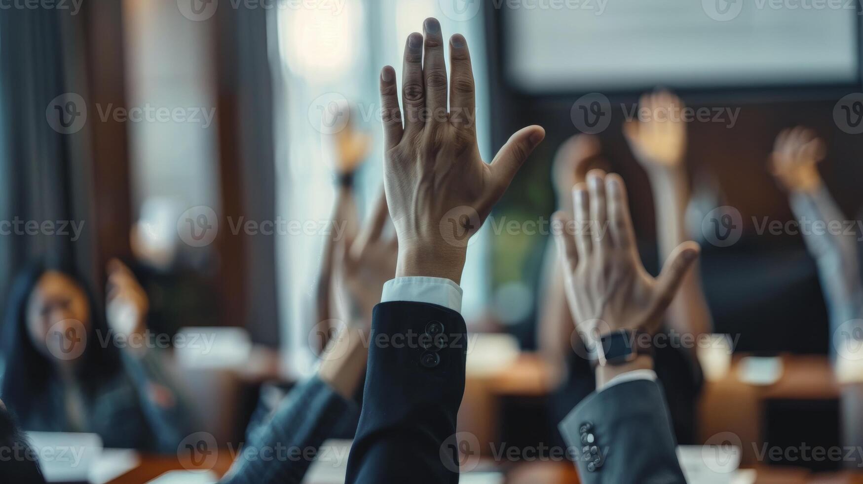 AI generated Hands Raised in Celebration. Participants in the Conference Room Joyfully Hold Up Their Hands to Celebrate Success and Achievement. photo