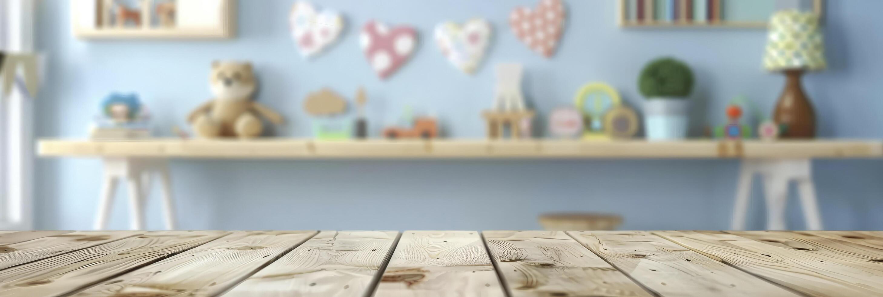 AI generated Wooden Table with Free Space Over a Blurred Background of a Children Room Filled with Kid Toys photo