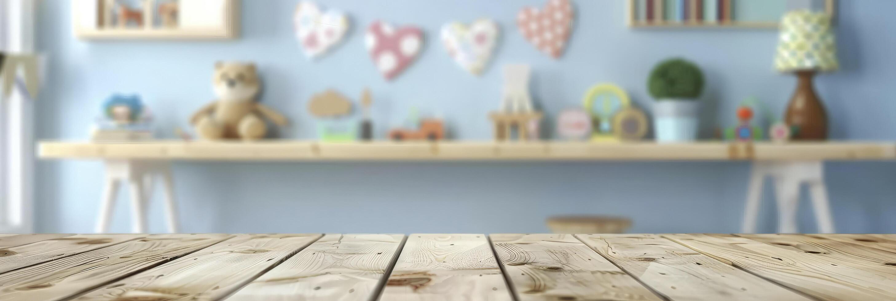 AI generated Wooden Table with Free Space Over a Blurred Background of a Children Room Filled with Kid Toys photo