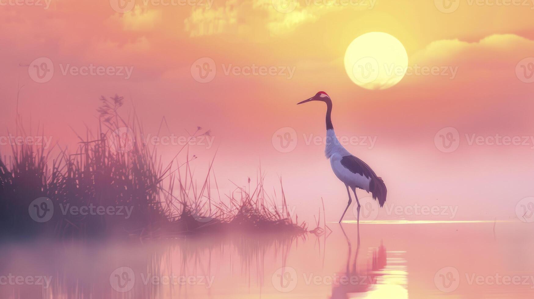 AI generated Misty Sunrise Over Waterland Crane Colorful Palette photo