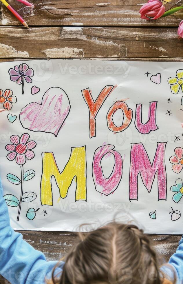 AI generated Hand drawing the text I Love You MOM photo