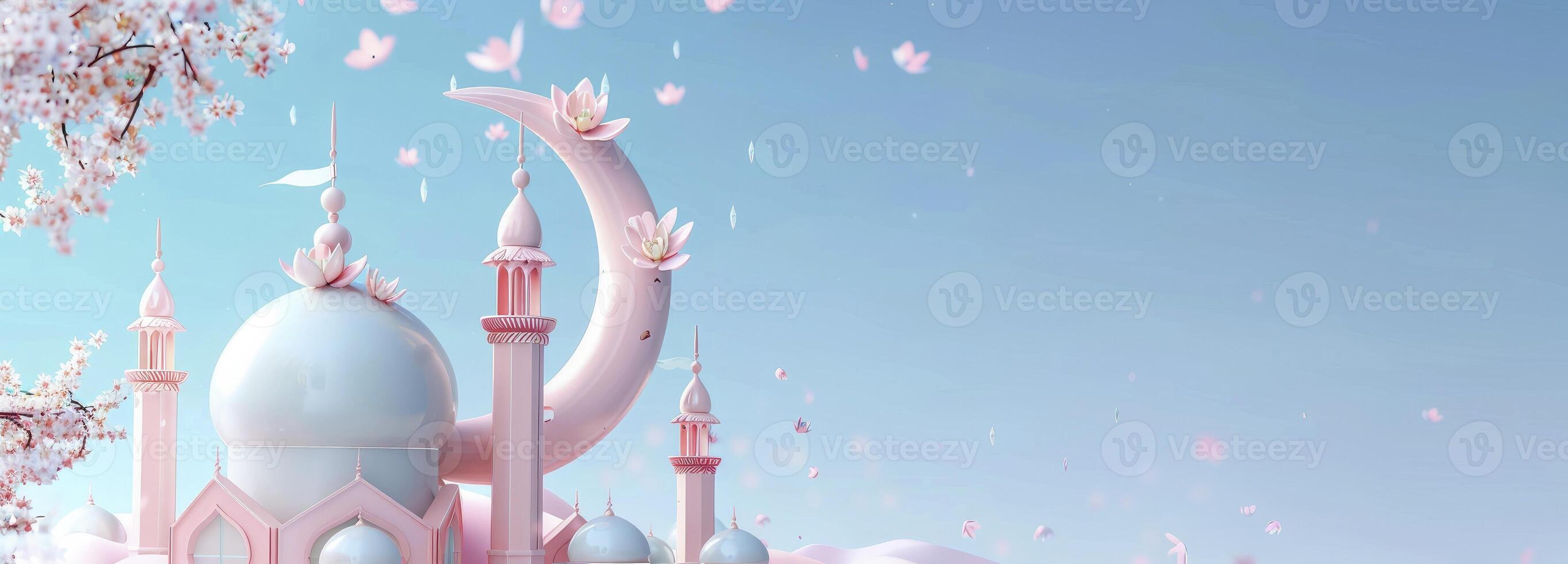 AI generated Mosque and moon with flowers against blue background photo