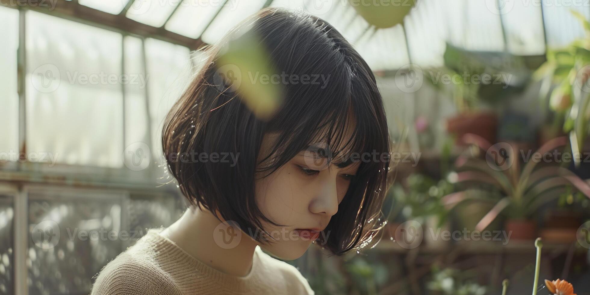 AI generated Serene Contemplation. A Young, Beautiful Girl Poses with Head Bowed, Short Hair Framing Her Face, Amidst the Greenery of a Greenhouse. photo