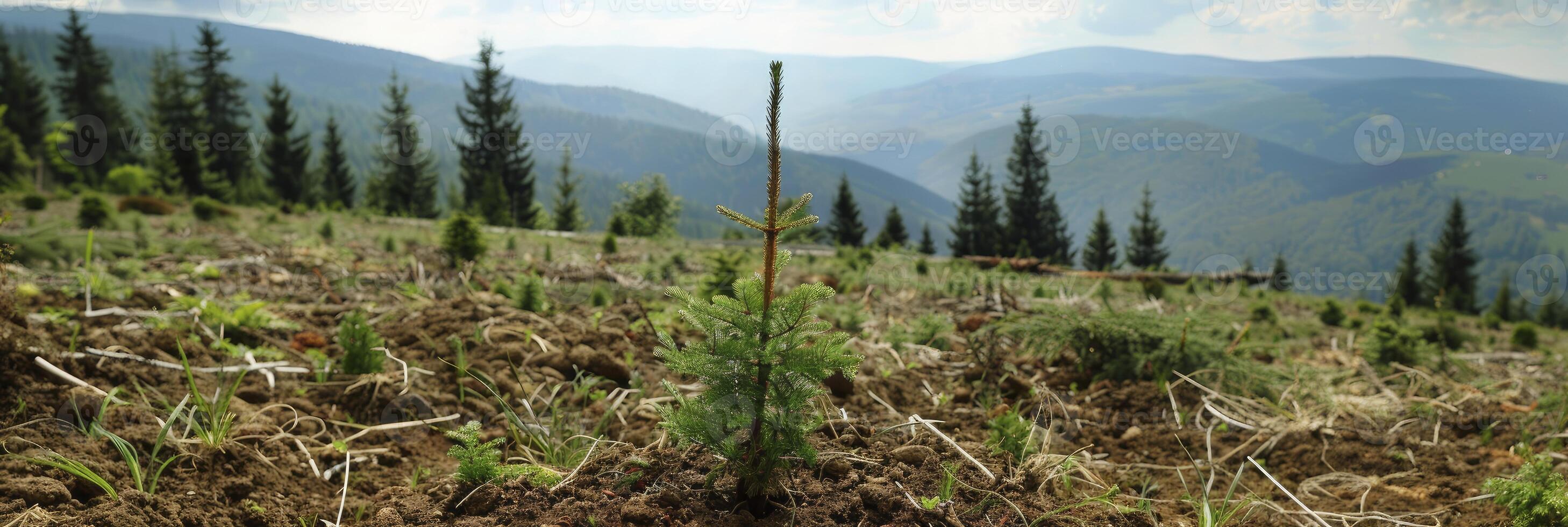 AI generated Rejuvenating Nature Canopy, Planting Conifer Trees in the Open Expanse of a Mountainous Landscape photo