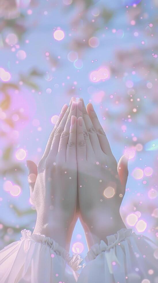 AI generated A muslim praying hands asking  Allah on bokeh background. photo