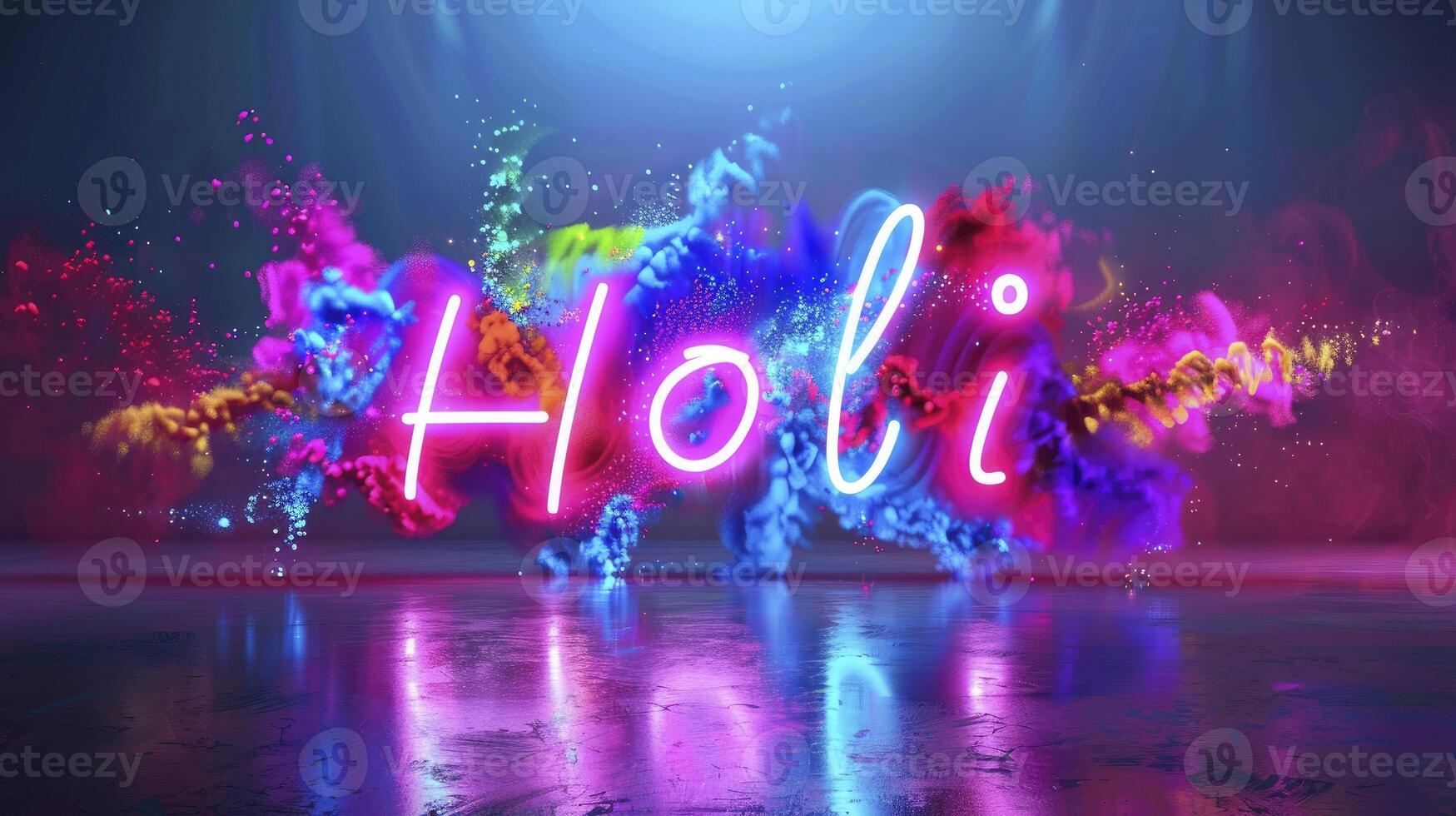 AI generated Colorful neon text Holi, Happy Holi day concept photo
