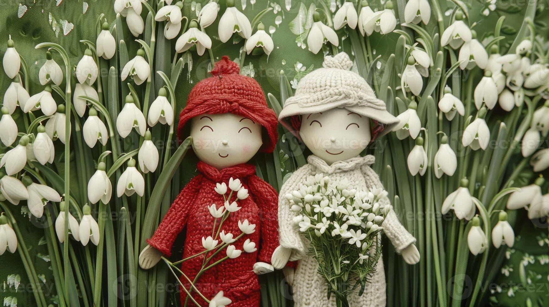 ai generado un chico y un niña participación ramos de flores de campanilla de febrero flores, abrazando el martenitsa tradicion en marzo 1er. foto