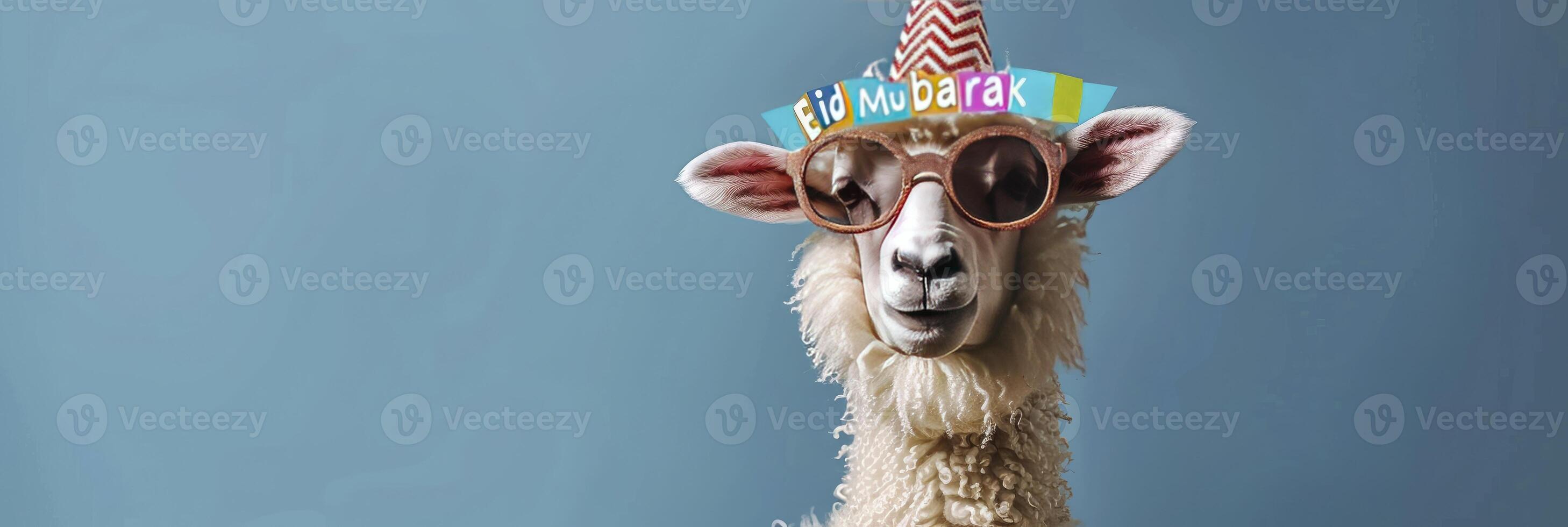 AI generated Eid concept sheep wearing a party hat and sunglasses, with the text Eid Mubarak photo