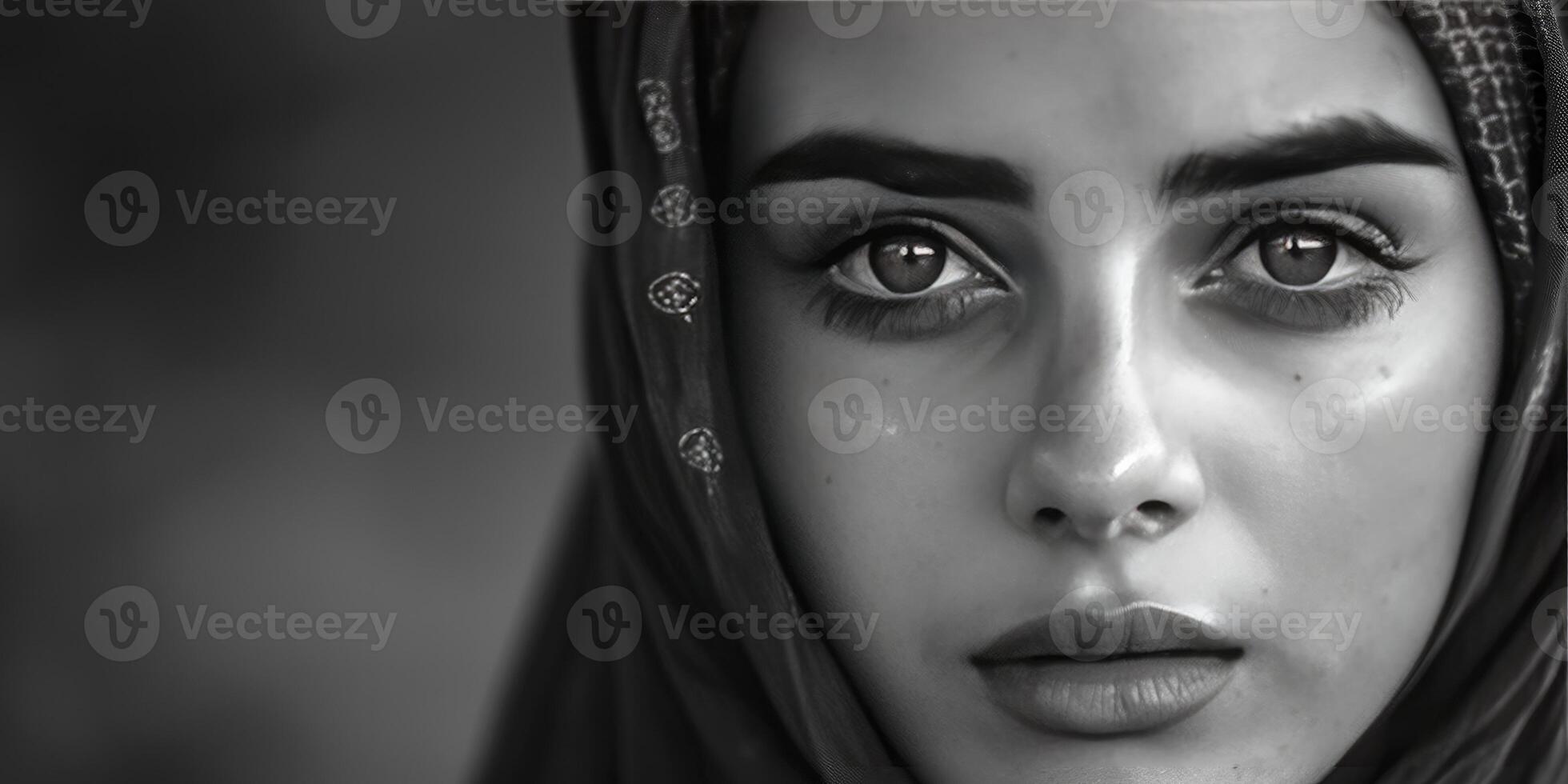 AI generated Elegant Grace. Black and White Photography Showcasing the Beautiful Features of an Arab Girl, Capturing Timeless Beauty and Sophistication. photo