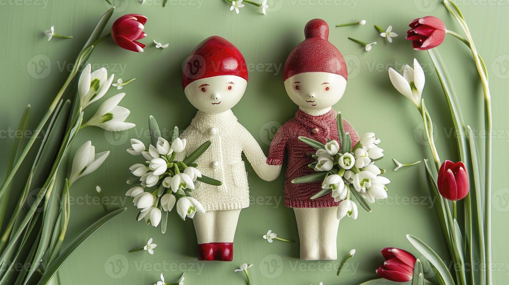 ai generado un chico y un niña participación ramos de flores de campanilla de febrero flores, abrazando el martenitsa tradicion en marzo 1er. foto