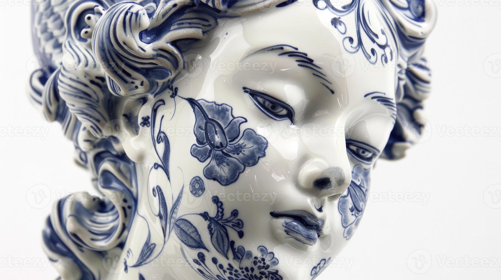 AI generated Baroque Elegance. Sculpted Female Figure Adorned with Surface Blue and White Porcelain Patterns, Exuding Timeless Beauty and Grace. photo