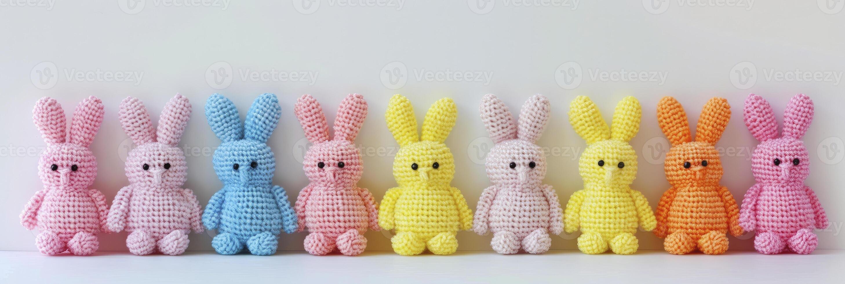 AI generated Easter Delight. Rows of Crocheted Rabbits, Creating a Charming Decoration for the Easter Festival. photo