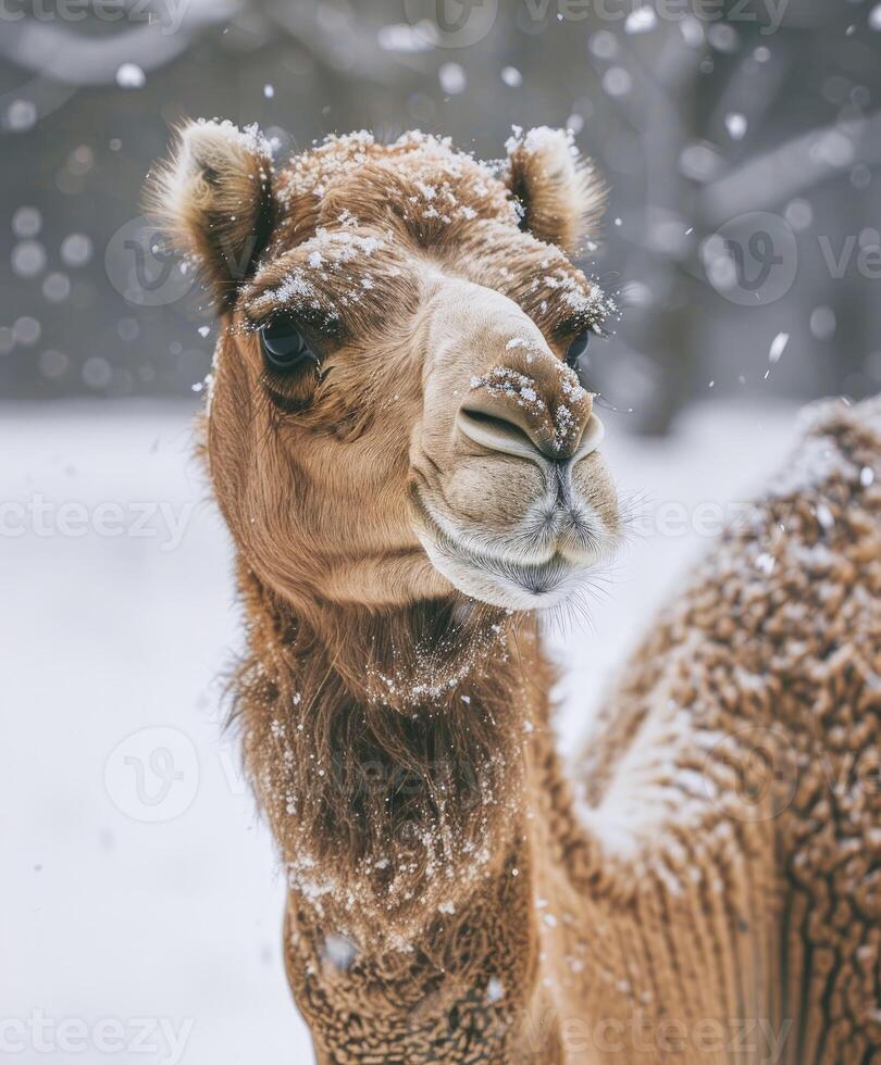 AI generated Arabian Camel Standing Majestically in the Snow photo