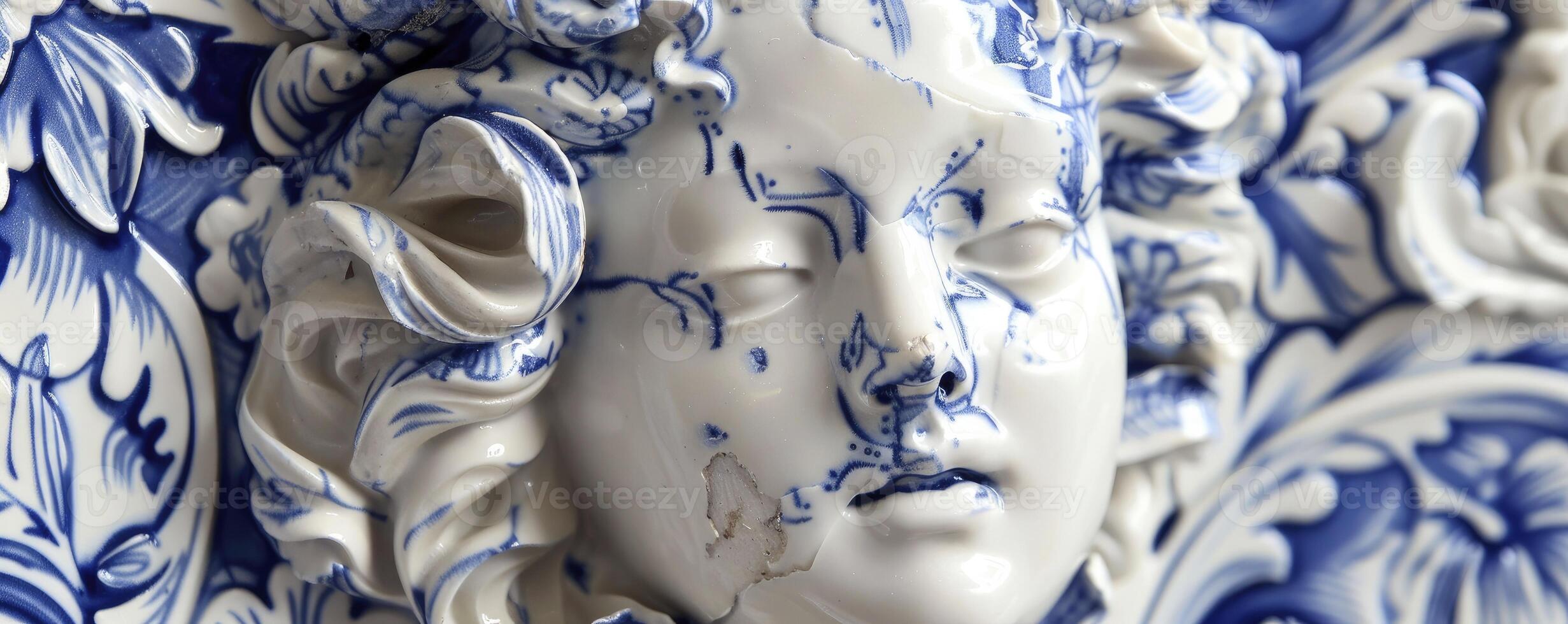 AI generated Baroque Elegance. Sculpted Female Figure Adorned with Surface Blue and White Porcelain Patterns, Exuding Timeless Beauty and Grace. photo