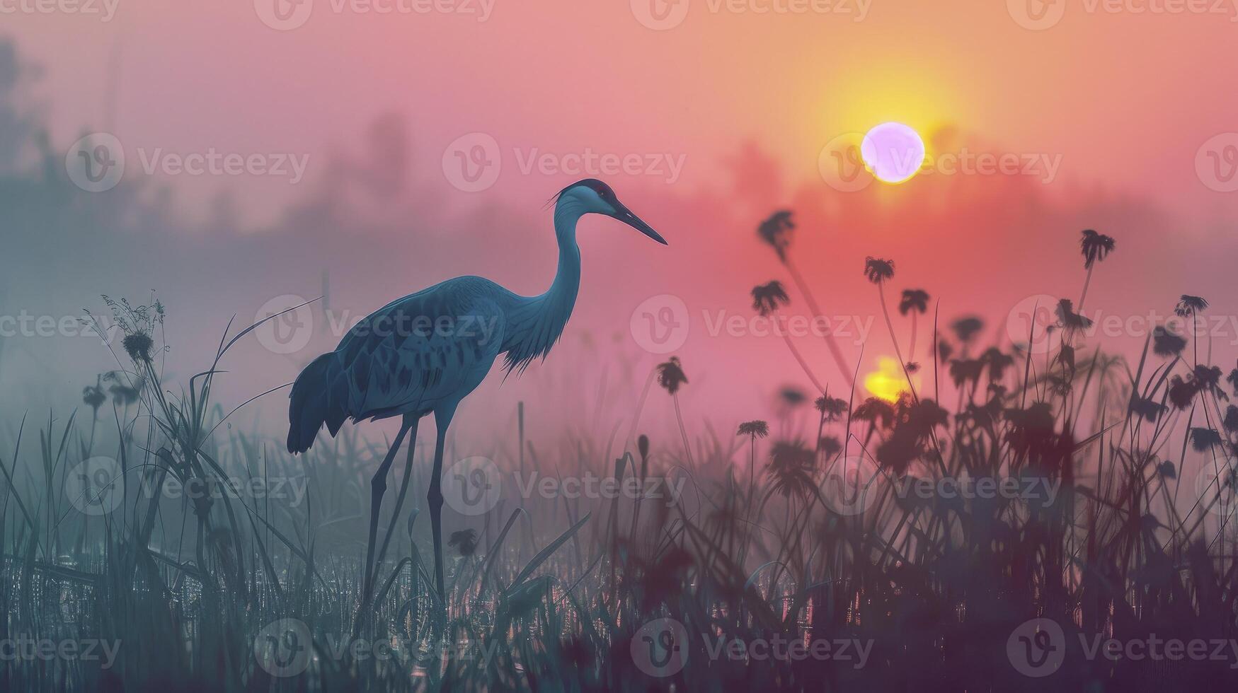 AI generated Misty Sunrise Over Waterland Crane Colorful Palette photo