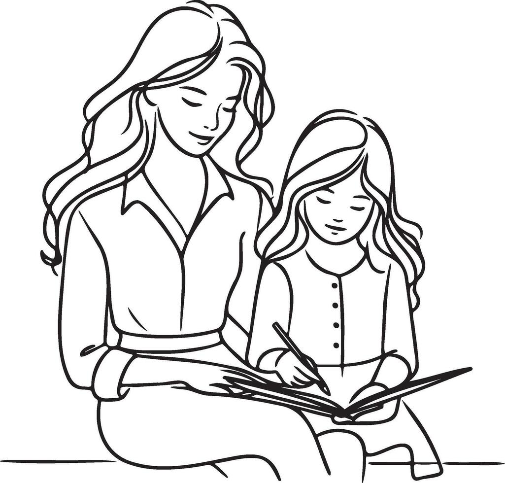 Mother and Kid Read Book Line Drawing. vector