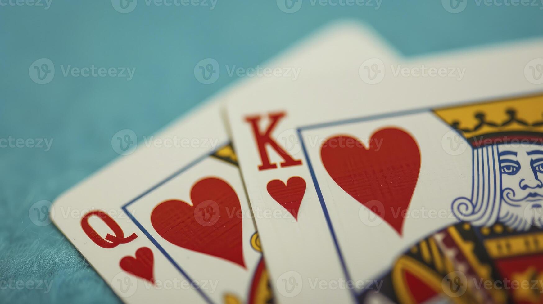 AI generated Hearts Royalty. Two Playing Cards Featuring the Queen and King of Hearts, Symbolizing Romance and Royalty in the Deck. photo