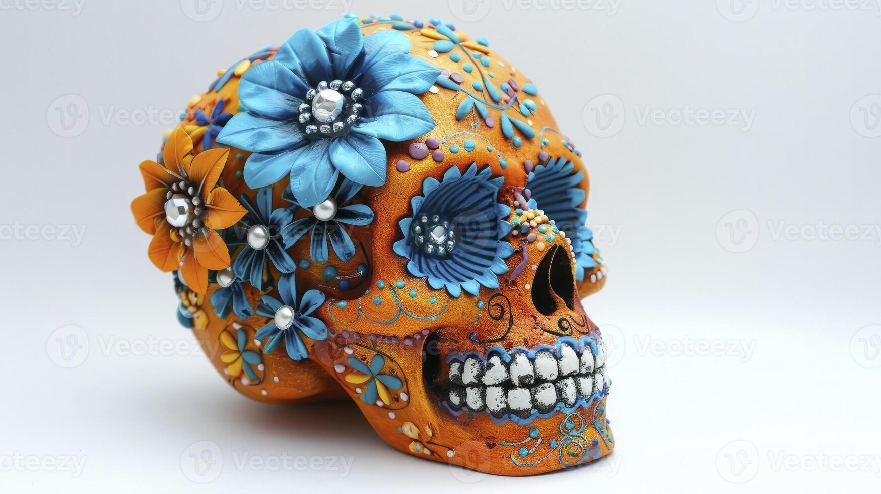 AI generated Orange skull with flowers, Cinco de Mayo day concept photo