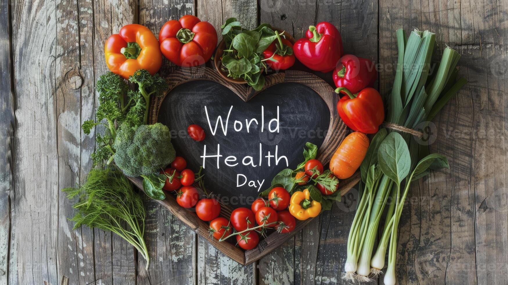 AI generated Heart Shaped fresh veggies with the text World Health Day photo