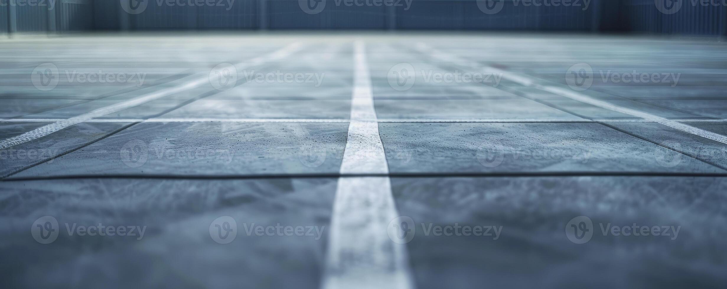 AI generated Empty Basketball Court. Close-Up of White and Gray Lined Flooring, Evoking Outdoor Scenes with Dark Gray and Blue Tones for Smooth Texture and Depth. photo