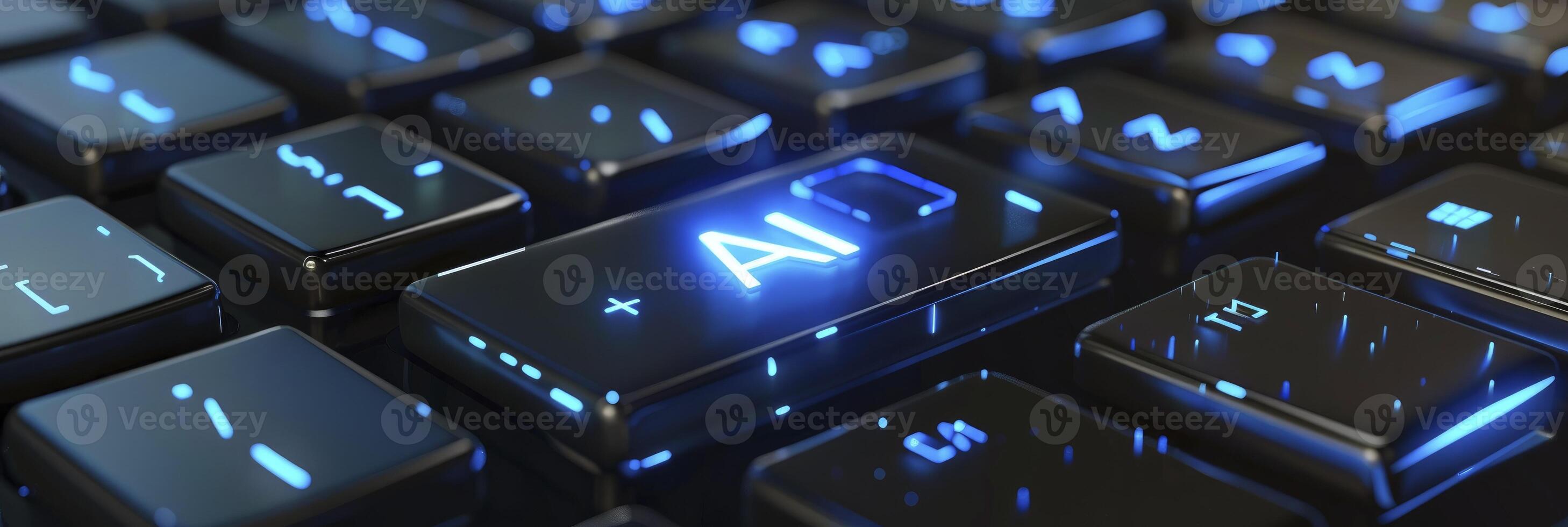 AI generated Capturing the Essence, Macro Photography of the Blue AI Key, Symbolizing the Integration of Artificial Intelligence into Modern Digital Interactions photo