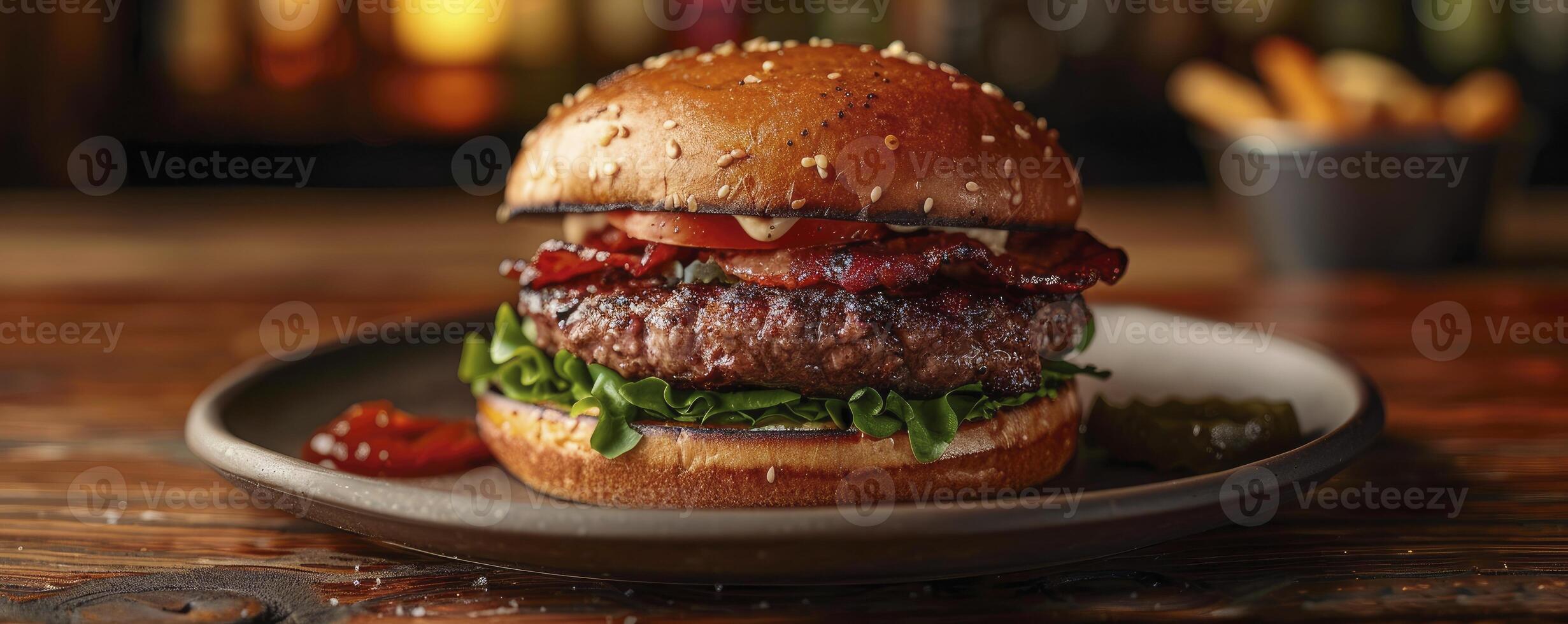 AI generated Sizzling Satisfaction. Juicy Steak Burger Served on a Plate atop a Wooden Table, Tempting the Taste Buds with Its Irresistible Aroma and Flavor. photo