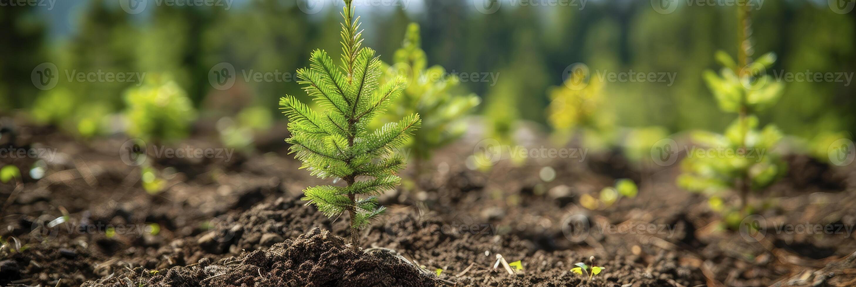 AI generated Rejuvenating Nature Canopy, Planting Conifer Trees in the Open Expanse of a Mountainous Landscape photo