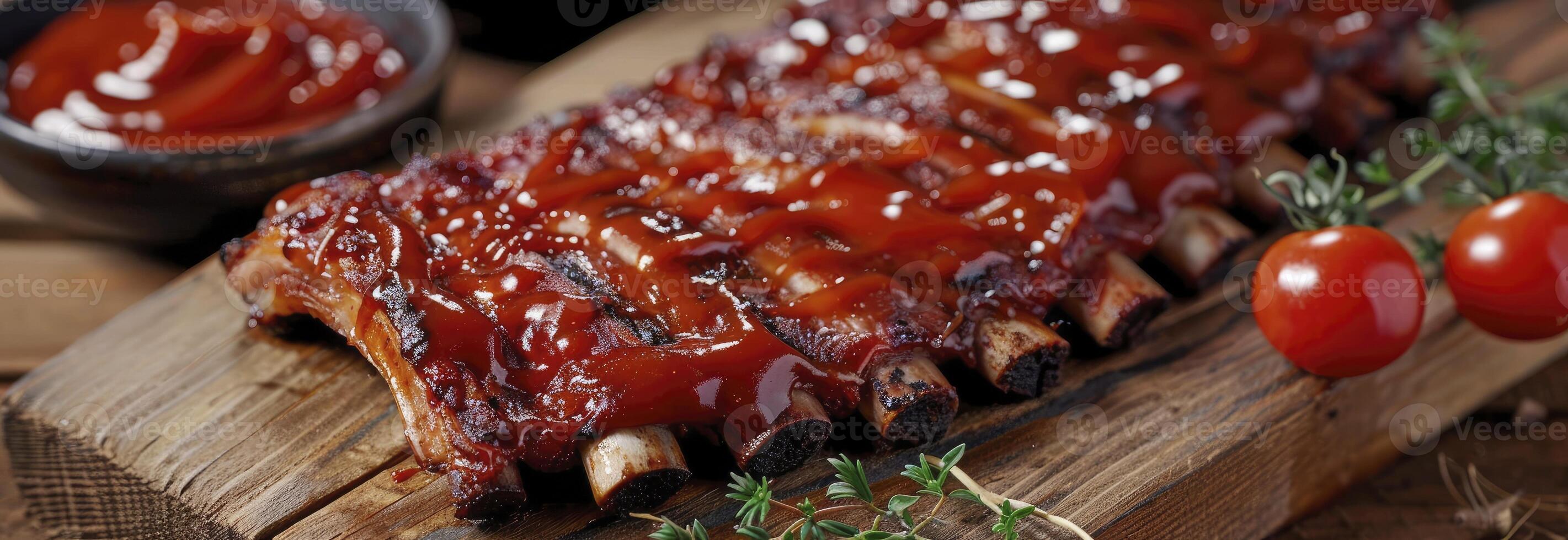 AI generated BBQ ribs beef and ketchup on the cutting board photo