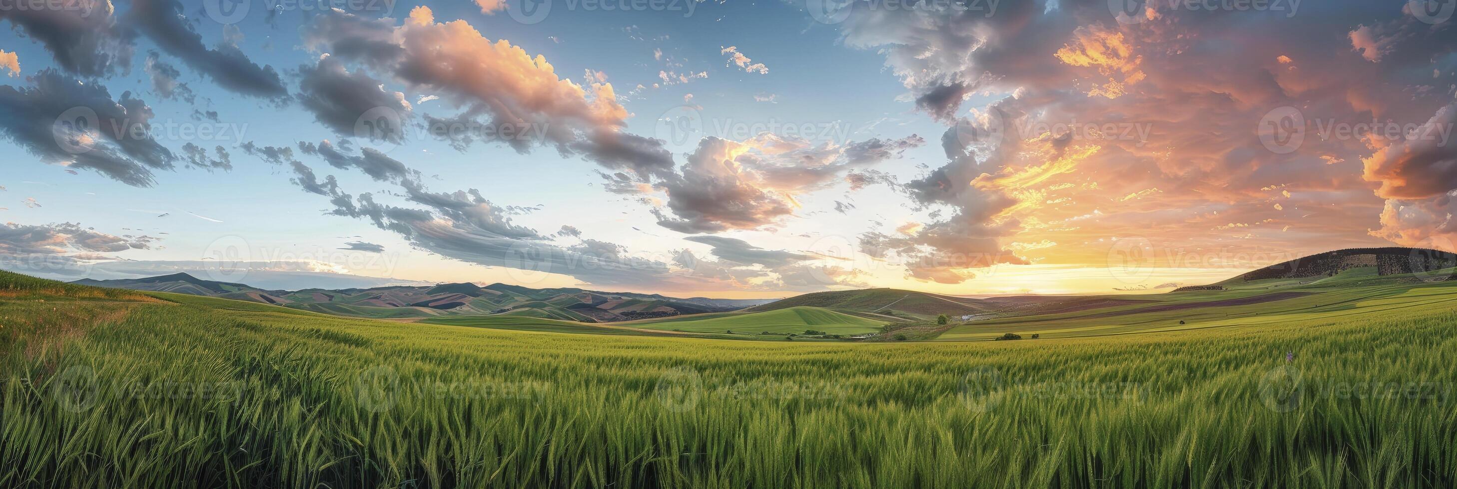 AI generated Embracing Spring Serenity, A Landscape Graced by Lush Green Fields and the Natural Beauty of the Season Gradient photo